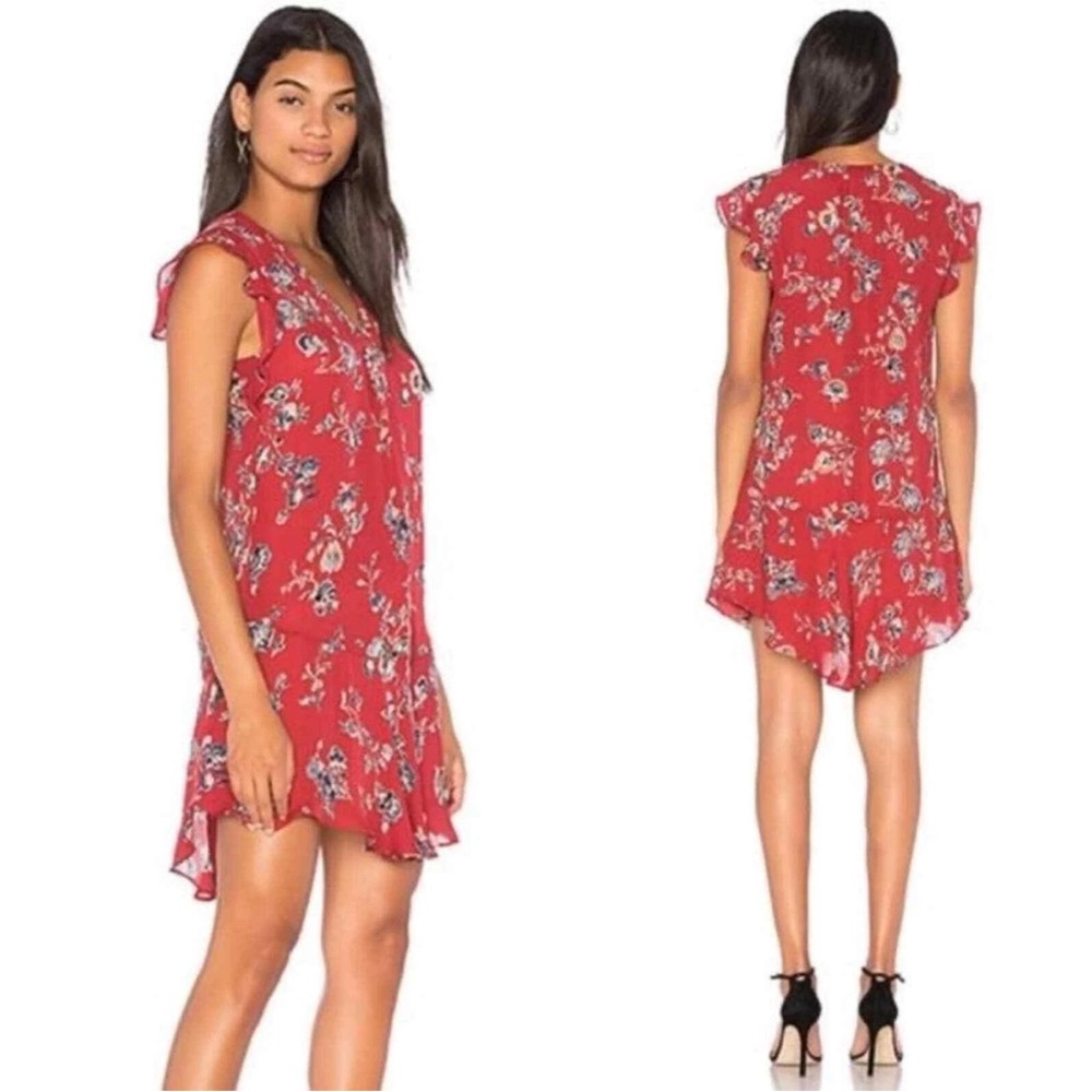 Joie Almarie B Tandoori Red Floral Silk Ruffle Mini Dress XS Lightweight  NWOT